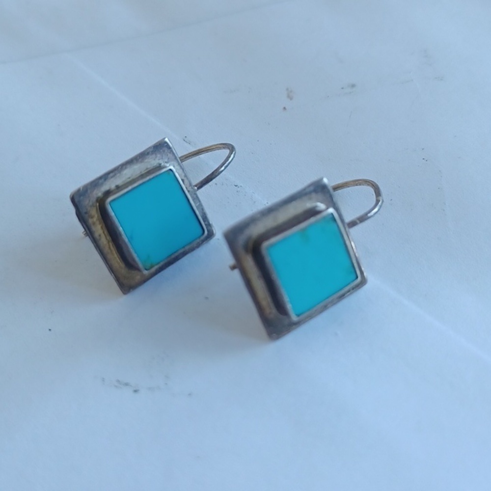 VTG MEXICO 925 BLUE TURQUOISE DANGLE MINIMALIST GEOMETRIC SQ EARRINGS